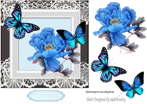 Pretty blue exotic flower with pretty butterflies in ornate frame 7x7