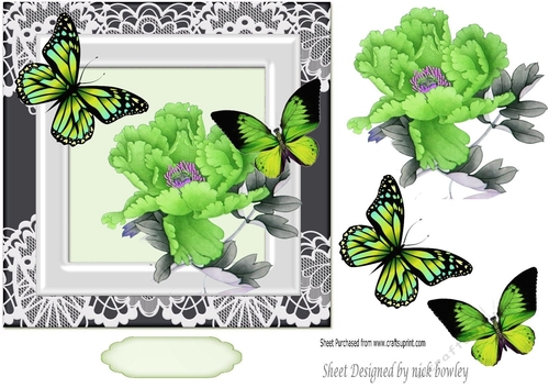Pretty green exotic flower with pretty butterflies in ornate frame 7x7