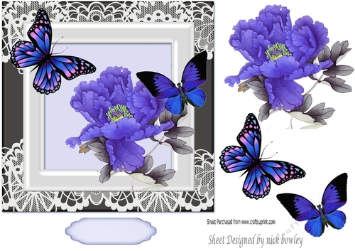 Pretty purple exotic flower with pretty butterflies in ornate frame 7x7