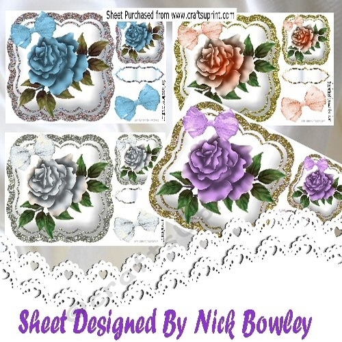 4 Lovely coloured roses on satin and glitter frames 8x8 mini kit