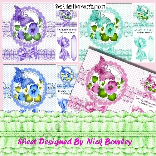 4 Pretty coloured pansies with bows and butterflies on lace card fronts 8x8 mini kit