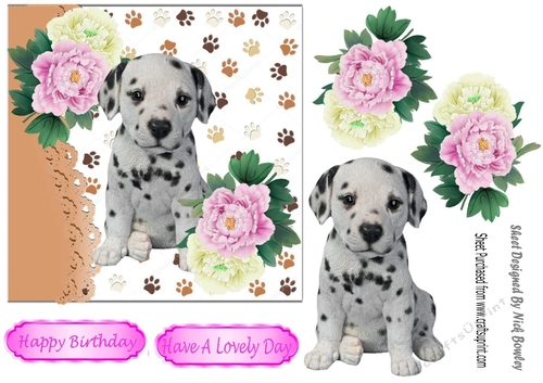 cute dalmation puppy with pink/white peonies 7x7