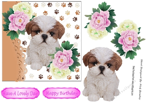 Cute shitzu puppy with pink/white peonies 7x7