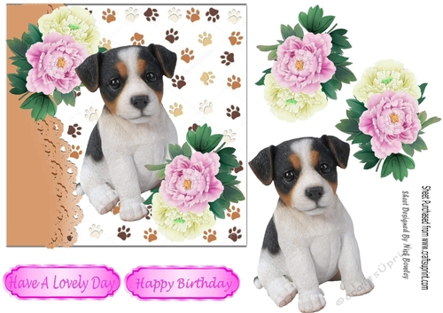 cute jack russel puppy with pink/white peonies 7x7