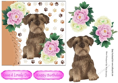 cute Schnauzer puppy with pink/white peonies 7x7