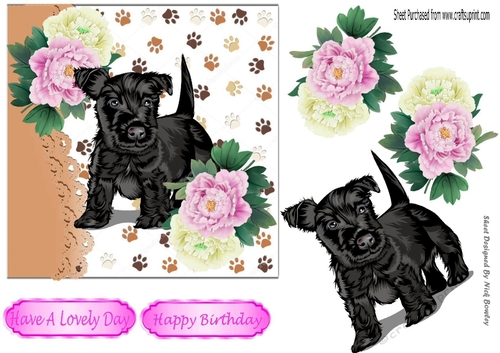 cute scottie puppy with pink/white peonies 7x7
