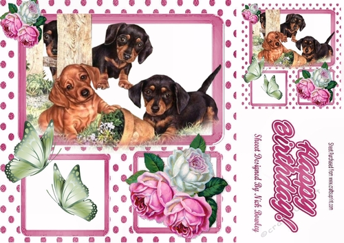 Puppies playing with pink/white roses & butterflies window card front 8x8