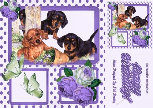 Puppies playing with purple roses & butterflies window card front 8x8