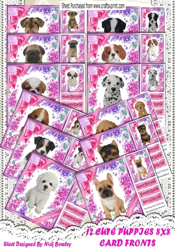 A Lovely Variety of 12 cute puppies 8x8 card fronts Bumper Kit