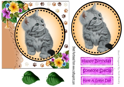 Sweet little grey kitten with pansies card front 7x7 with topper