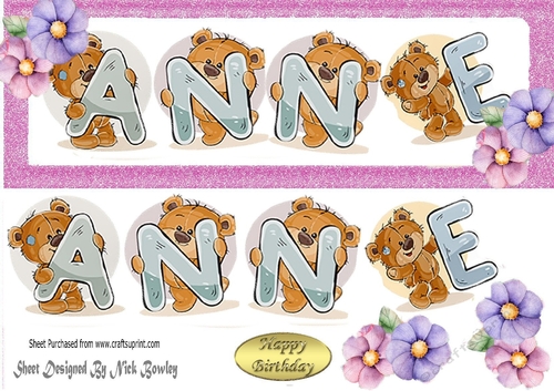 Teddy bears named ANNE pink Glitter DL Card