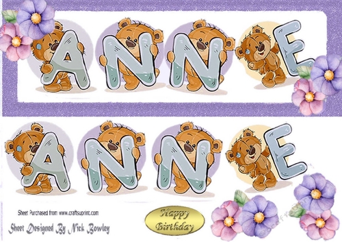 Teddy bears named ANNE purple Glitter DL Card
