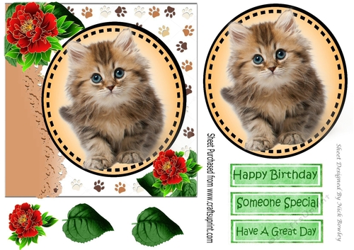 Sweet little fluffy kitten with red peonies card front 7x7 with topper