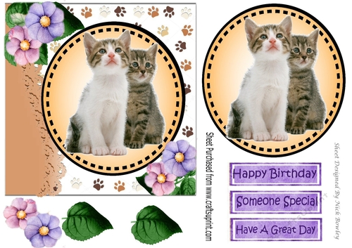 Sweet pair of fluffy kittens with purple/pinkflowers card front 7x7 with topper