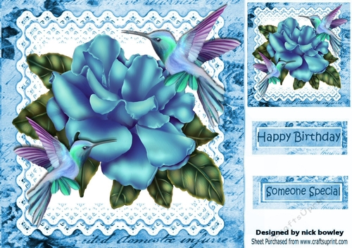 Pretty blue rose on lace with humming birds 8x8