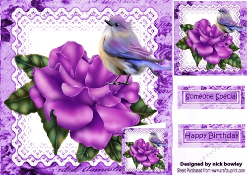 Pretty lilac rose (small card effect) with bird 8x8