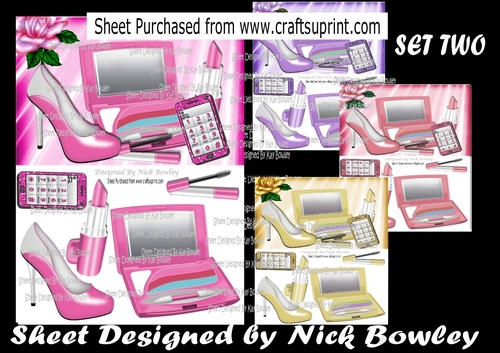 4 Lovely shoes , makeup and mobile phone A5 Card Fronts (SET TWO) Mini kit