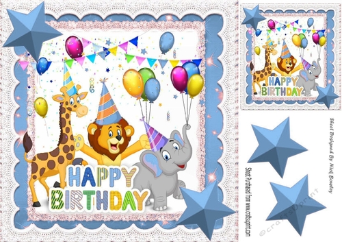 Party Animals having fun on a Birthday with blue stars 8x8