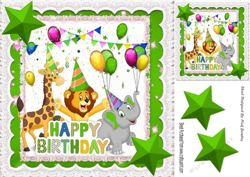 Party Animals having fun on a Birthday with green stars 8x8