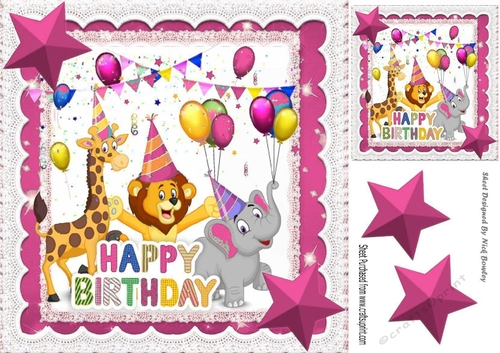 Party Animals having fun on a Birthday with pink stars 8x8