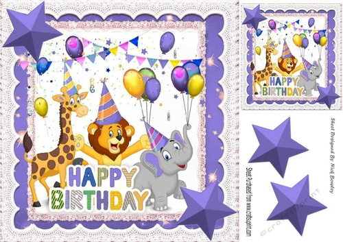 Party Animals having fun on a Birthday with purple stars 8x8