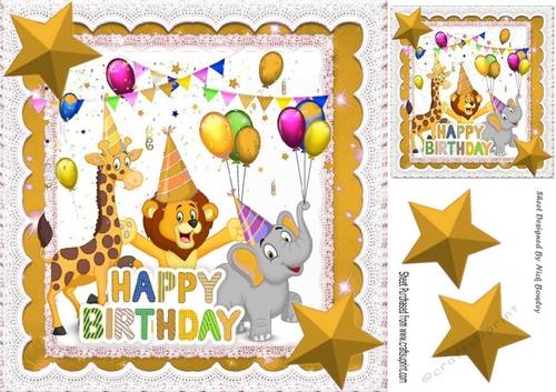 Party Animals having fun on a Birthday with gold stars 8x8