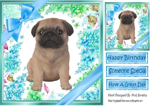 lovely little pug puppy (one) with blue bows  and flowers 8x8