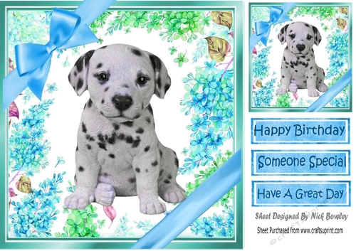 lovely little dalmation puppy (four) with blue bows  and flowers 8x8