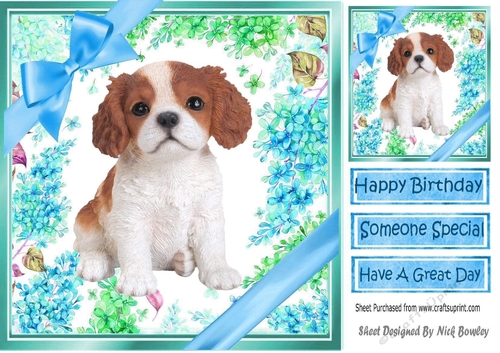lovely little cavalier puppy (seven) with blue bows  and flowers 8x8