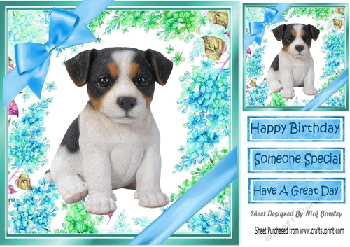 lovely little jack russel puppy (eight) with blue bows  and flowers 8x8