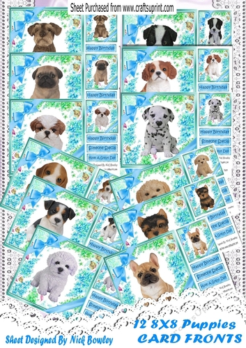 A Cute Variety of 12 cute puppies with blue bows 8x8 card fronts Bumper Kit