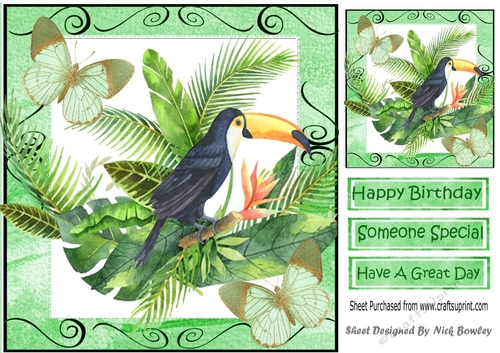Lovely Toucan on a branch of leaves & butterflies 8x8