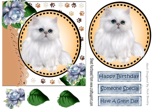 Sweet white persian kitten with blue roses card front 7x7 with topper