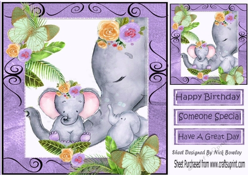 Lovely moment with mum and baby elephants in water colour (purple 8x8