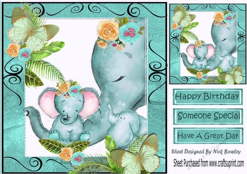 Lovely moment with mum and baby elephants in water colour (turq) 8x8