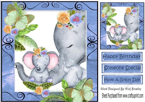 Lovely moment with mum and baby elephants in water colour (blue) 8x8