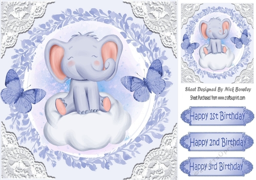 sweet little ele on a cloud with blue butterflies and lace 8x8
