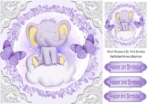 sweet little ele on a cloud with purple butterflies and lace 8x8