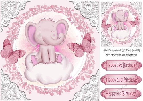 sweet little ele on a cloud with pink butterflies and lace 8x8
