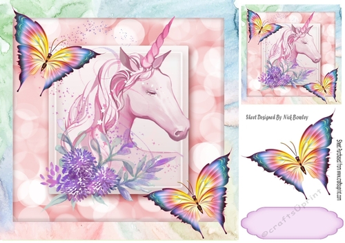 Pink rainbow unicorn with butterflies 8x8