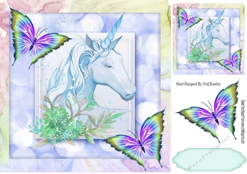blue rainbow unicorn with butterflies 8x8