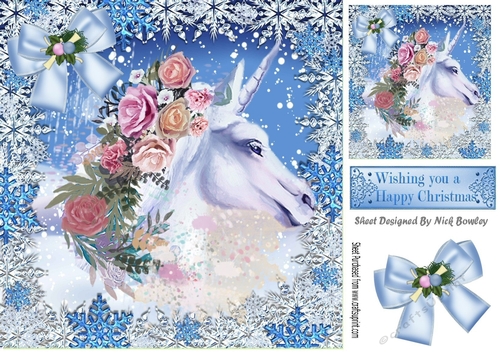 Beauiful white unicorn with roses in the snow 8x8