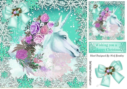 beautiful white unicorn with roses fantasy snow turq 8x8