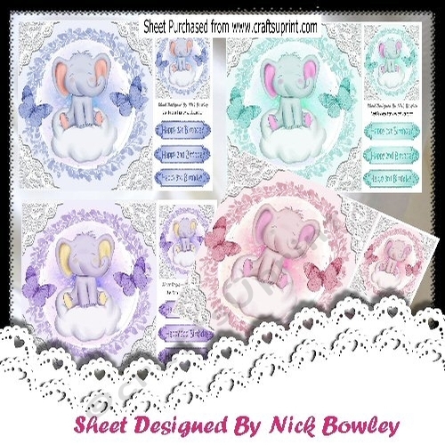  4 sweet little ele on a cloud with  butterflies and lace 8x8 Card fronts Mini Kit