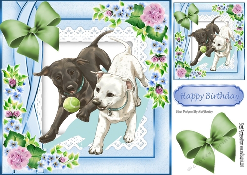 Playful dogs with a ball with flowers 8x8