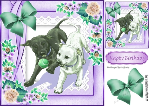 Playful dogs with a ball with purple flowers 8x8