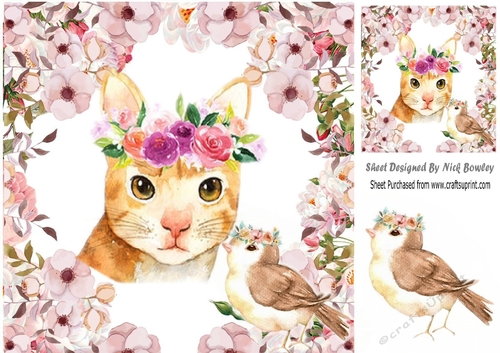 Lovely water colour cat with little bird and flowers 8x8