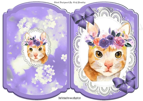 Pretty water colour cat with flowers on lace purple bracket card