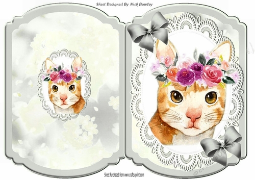 Pretty water colour cat with flowers on lace silver bracket card