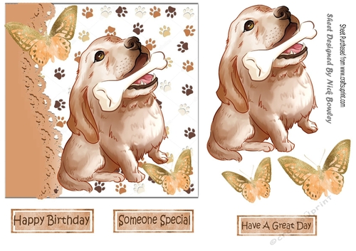 Cute painted dog with his bone and  butterflies 7x7 (brown)